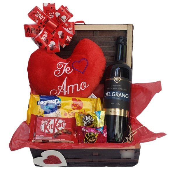 Cesta Chocolate, Vinho e Pelúcia - Meu Amor