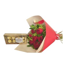 Imagem de Buque de 5 Rosas Vermelhas e bombom Ferrero Rocher