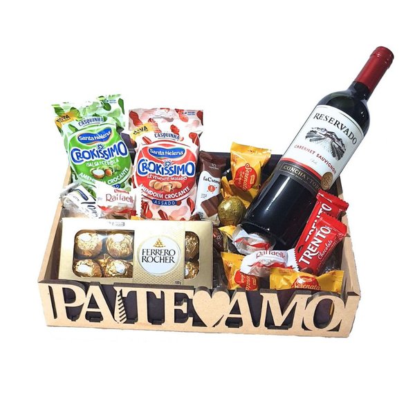 Cesta Dia dos Pais Presente Vinho Snacks Chocolates