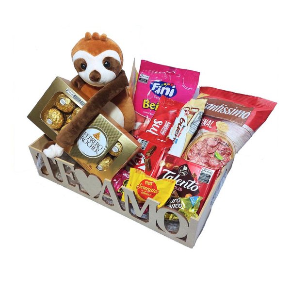 Cesta Presente Bicho Preguiça Pelúcia, Doces