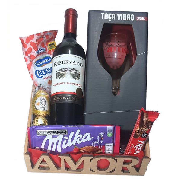 Cesta Presente Namorados Amor Vinho, Taça, Milka