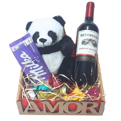 Cesta Namorados Com Vinho E Pelúcia Panda