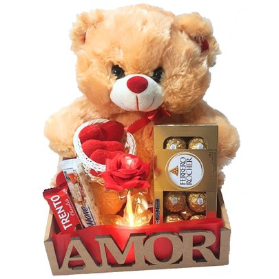 Cesta Presente Namorados Com Urso, Flor Luz E Ferrero
