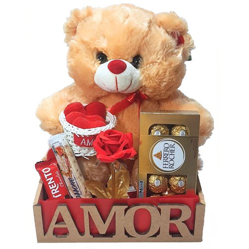 Cesta Presente Namorados Com Urso, Flor Luz E Ferrero 