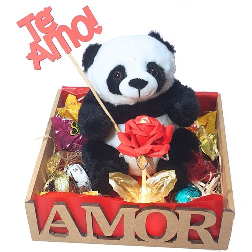 Cesta Namorados Te Amo Panda E Luminária Flor Luz 