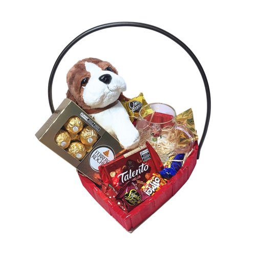 Cesta Presente Coração Caneca 3D e Pelúcia Cachorrinho
