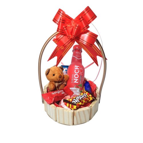 Cesta Presente Mimo Com Ursinho, Bebida e Bombons