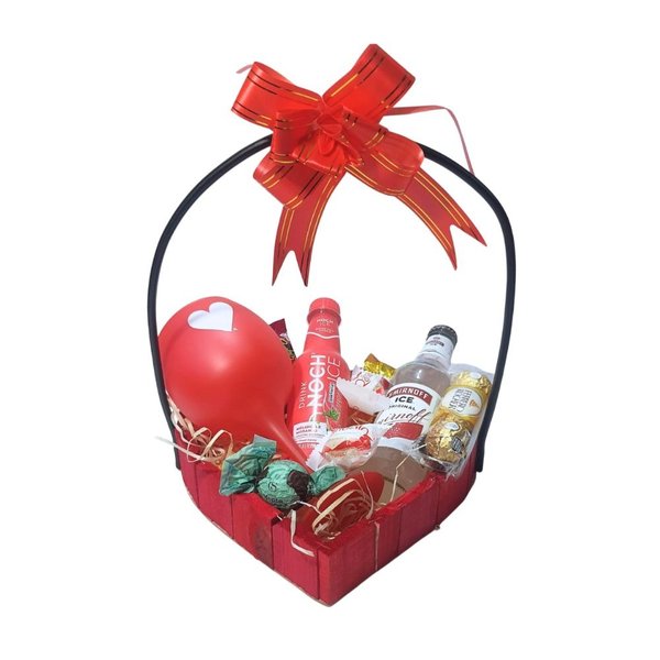 Cesta Presente Coração Taça Gin, Bebidas e Chocolates