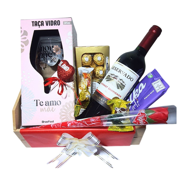 Cesta Dia Das Mães Vinho, Taça Flor Chocolates Premium
