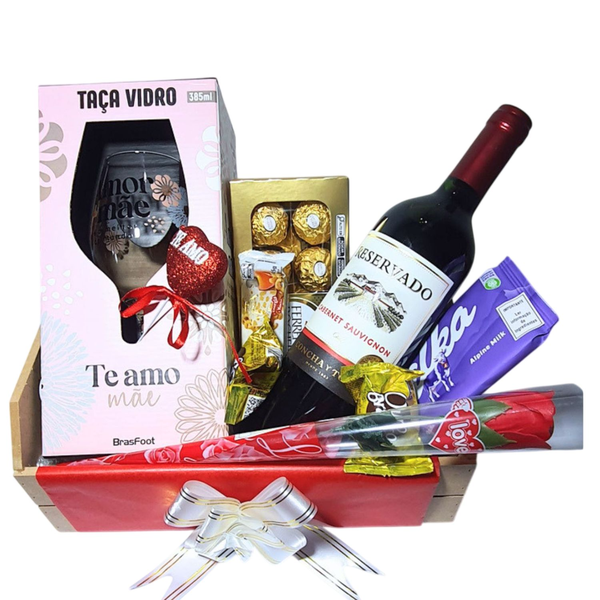 Cesta Dia Das Mães Vinho, Taça Flor Chocolates Premium