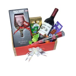 Imagem de Cesta Premium Namorados Taça Vinho Flor e Chocolates