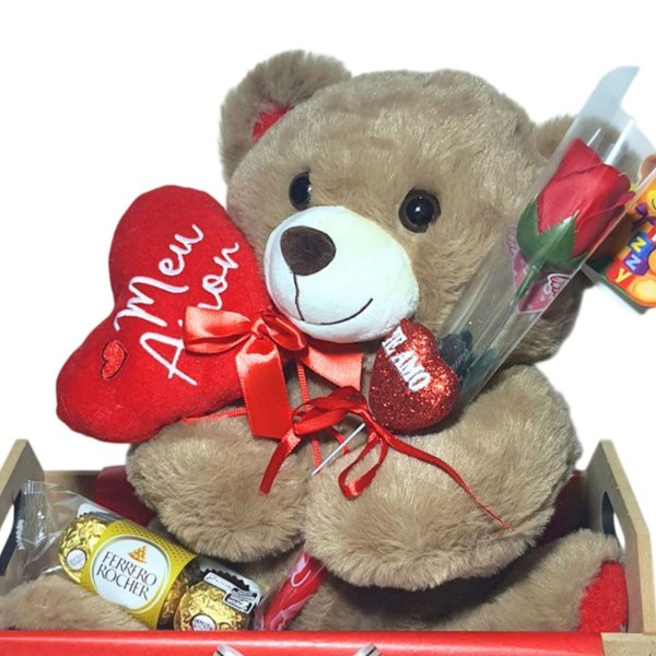 Cesta Presente Meu Amor com Urso Flor e Ferrero