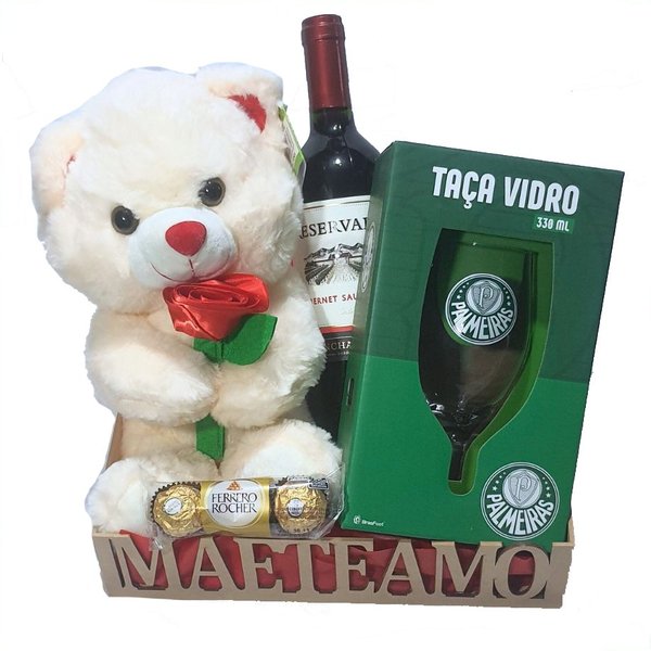 Cesta Mãe Te Amo com Taça Palmeiras e Urso com Flor