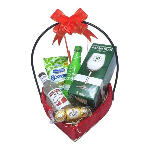 Cesta Coração Palmeiras Com Taça, Bebida, Chocolates