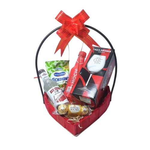 Cesta Coração Flamengo Com Taça, Bebida, Chocolates