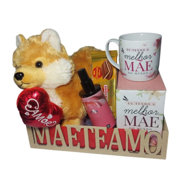 Cesta Mãe c/ Cachorro Fofo, Caneca e Água Floral Rosa