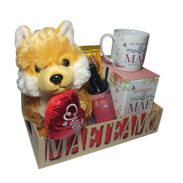 Cesta Mãe c/ Cachorro Fofo, Caneca e Água Floral Rosa