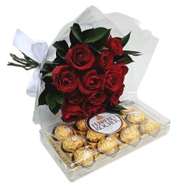 Imagem de Buquê Clássico com 12 Rosas Vermelhas com Ferrero