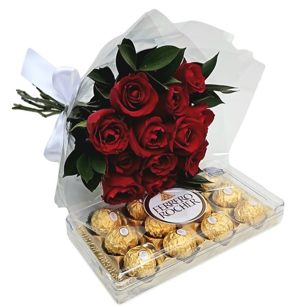 Buquê Clássico com 12 Rosas Vermelhas com Ferrero