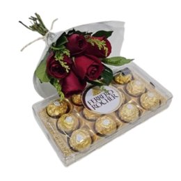 Imagem de Buquê com 6 Rosas Vermelhas Acompanhado de Ferrero