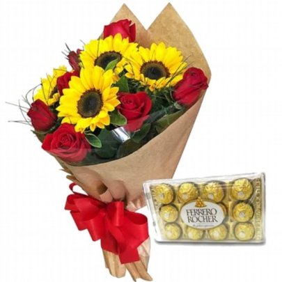Buquê de Girassóis e Rosas + Ferrero de 12