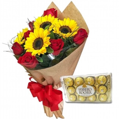 Buquê de Girassóis e Rosas + Ferrero de 12