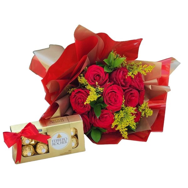 Buquê de 12 Rosas com Chocolates Ferrero 8un