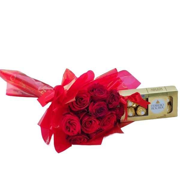 Buquê de 12 Rosas Vermelhas Românti e 8 Ferrero Rocher