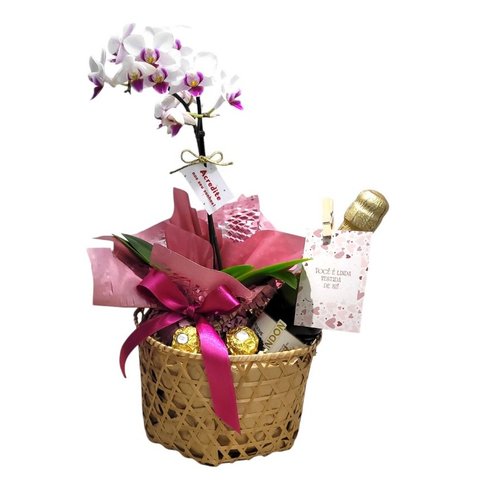 Cesta Elegância Orquídea Branca e Roxa