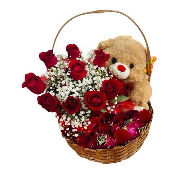 Cesta de Rosas Pelúcia e Chocolate