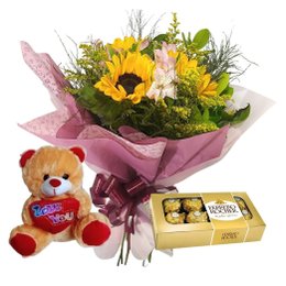 Imagem de Buquê de Girassóis com Pelúcia e Ferrero