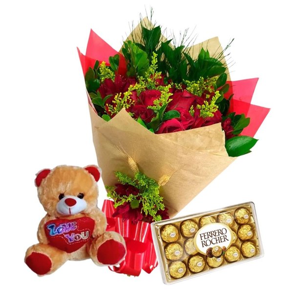 Buquê de 12 Rosas Vermelhas com Pelúcia e Ferrero