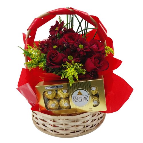 Cesta de Rosas com Chocolate Ferrero Rocher