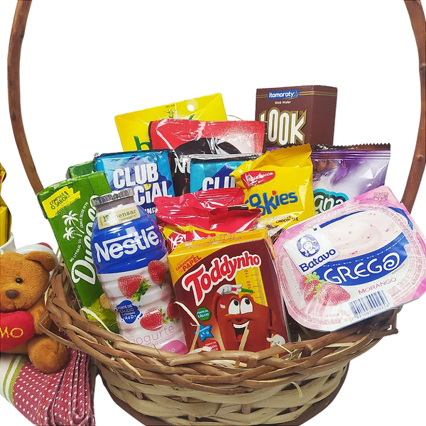 Cesta de Café da Manhã com Caneca e Chaveiro e Pelúcia