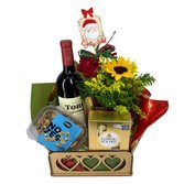 Bandeja Natal com Vinho e Arranjo de Flores