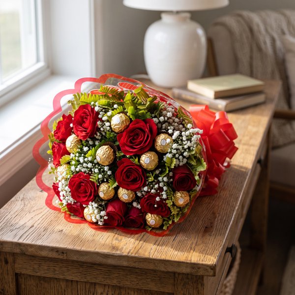 Buquê de Rosas Vermelhas com chocolate