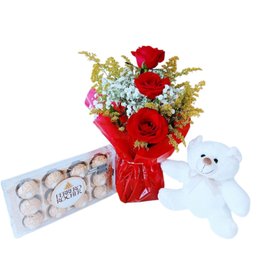 Imagem de Trio de Rosas Vermelhas, Pelúcia e Chocolate 