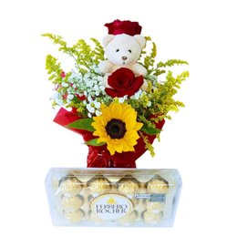 Imagem de Arranjo de Rosas, Girassóis, Pelúcia e Chocolate 