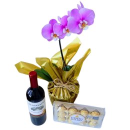 Imagem de Kit de Orquídea, Chocolate e Vinho
