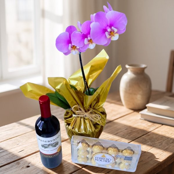 Kit de Orquídea, Chocolate e Vinho