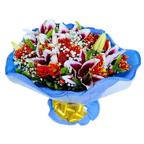 Buquê de Lírios Pink e Margaridas Laranjas