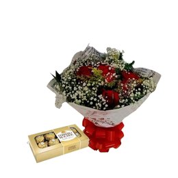 Imagem de Buquê de Seis Rosas e Ferrero Rocher