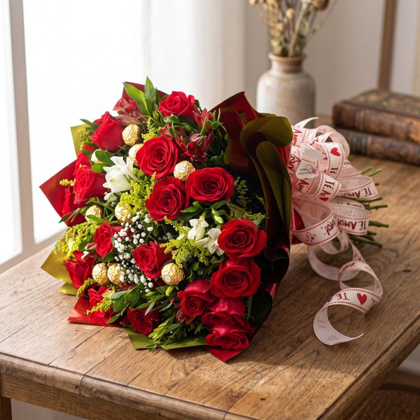 Buquê 24 Rosas e Chocolate