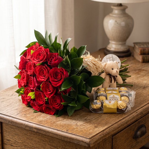 Buquê Rosas Vermelhas com Ferrero Rocher e Urso 