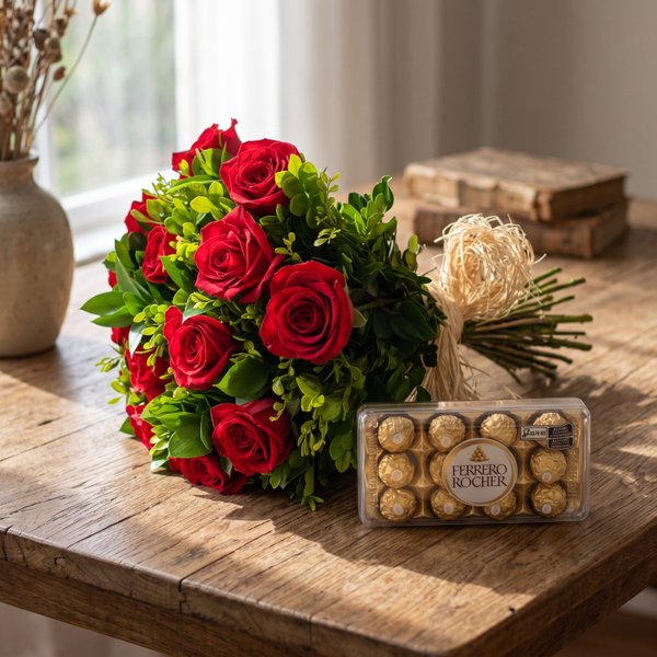 Buquê com 20 rosas vermelhas e murta