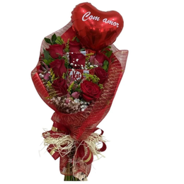 Imagem de Ramalhete de Rosas, Chocolate e Balão