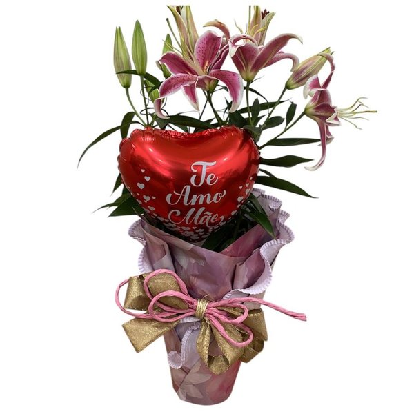 Lírio Cor de Rosa com Balão Dia das Mães