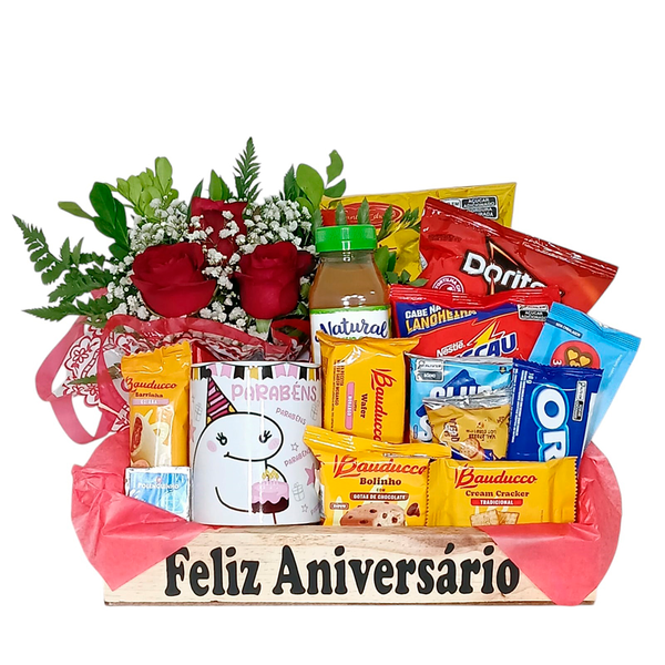 Cesta de Aniversário Média Com Flores e Caneca