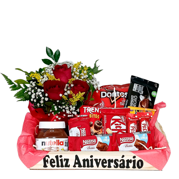 Cesta Romântica de Chocolates Média Com Flor