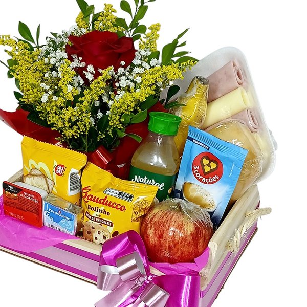 Cesta Pequena Pães Frios Frutas e Rosas